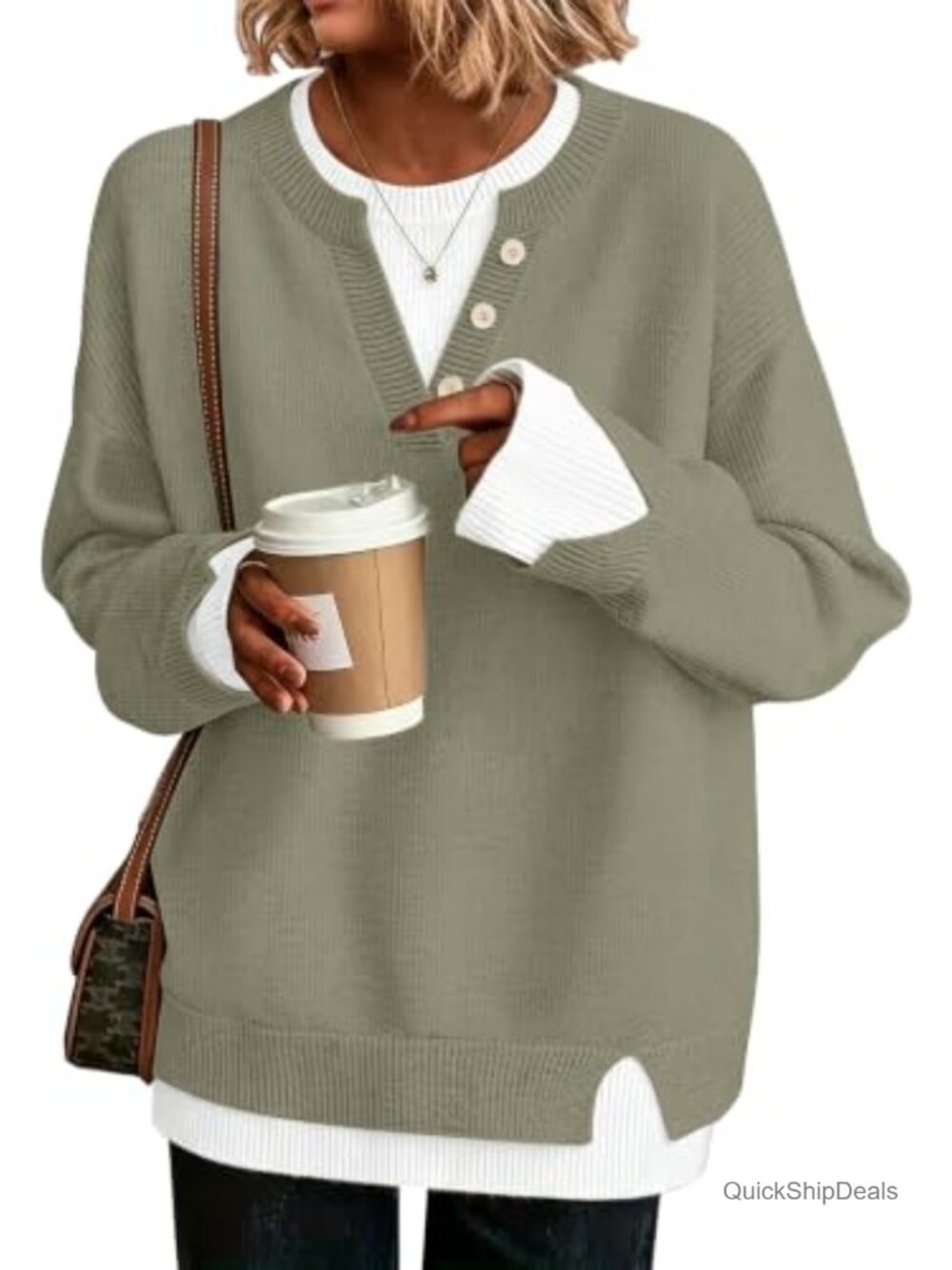 Women's Henley Sweater Button V-Neck Pullover Loose Knit Top Teacher